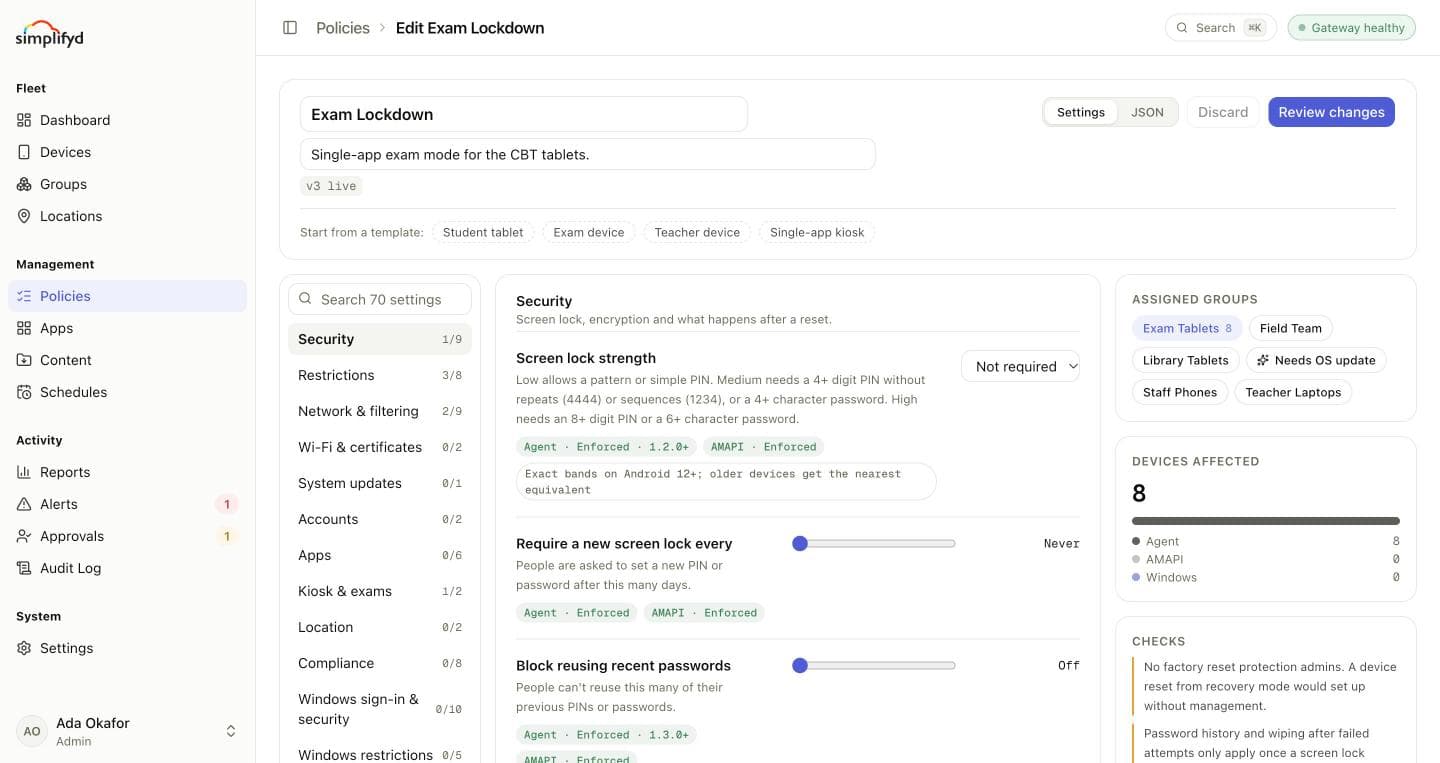 The policy editor, with security settings, assigned groups and pre-publish checks.